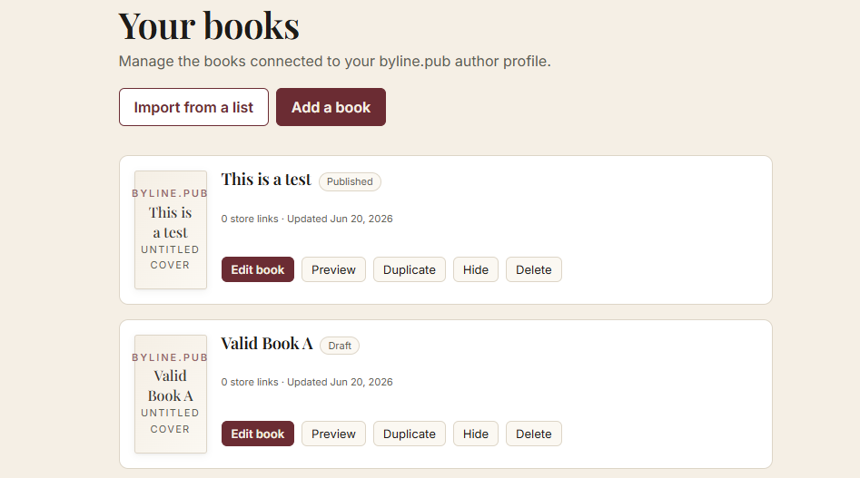 The Your books page with the Import from a list button beside Add a book.