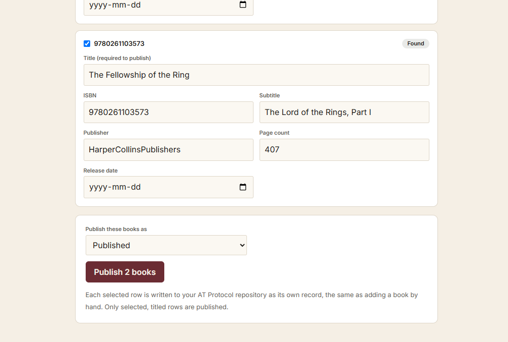The status selector and the Publish button at the bottom of the review table.